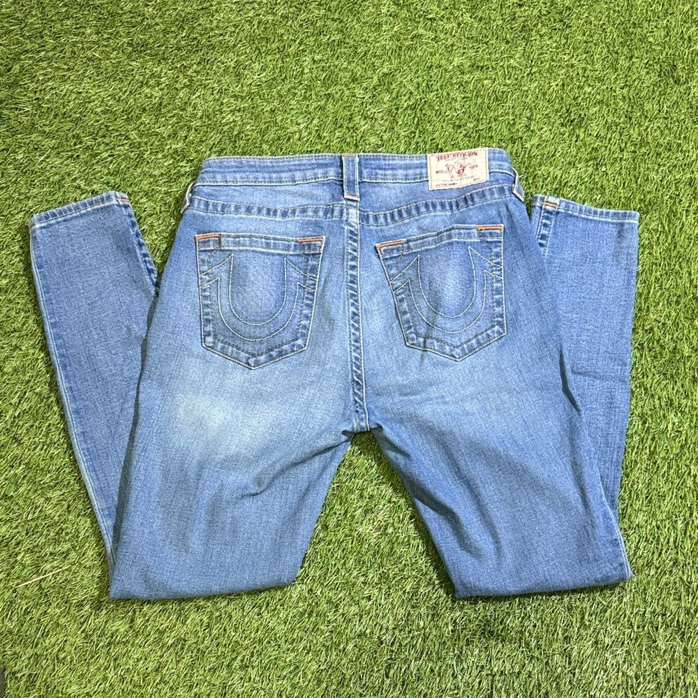Vintage True Religion Women's Blue Skinny Jeans 00s Y2k